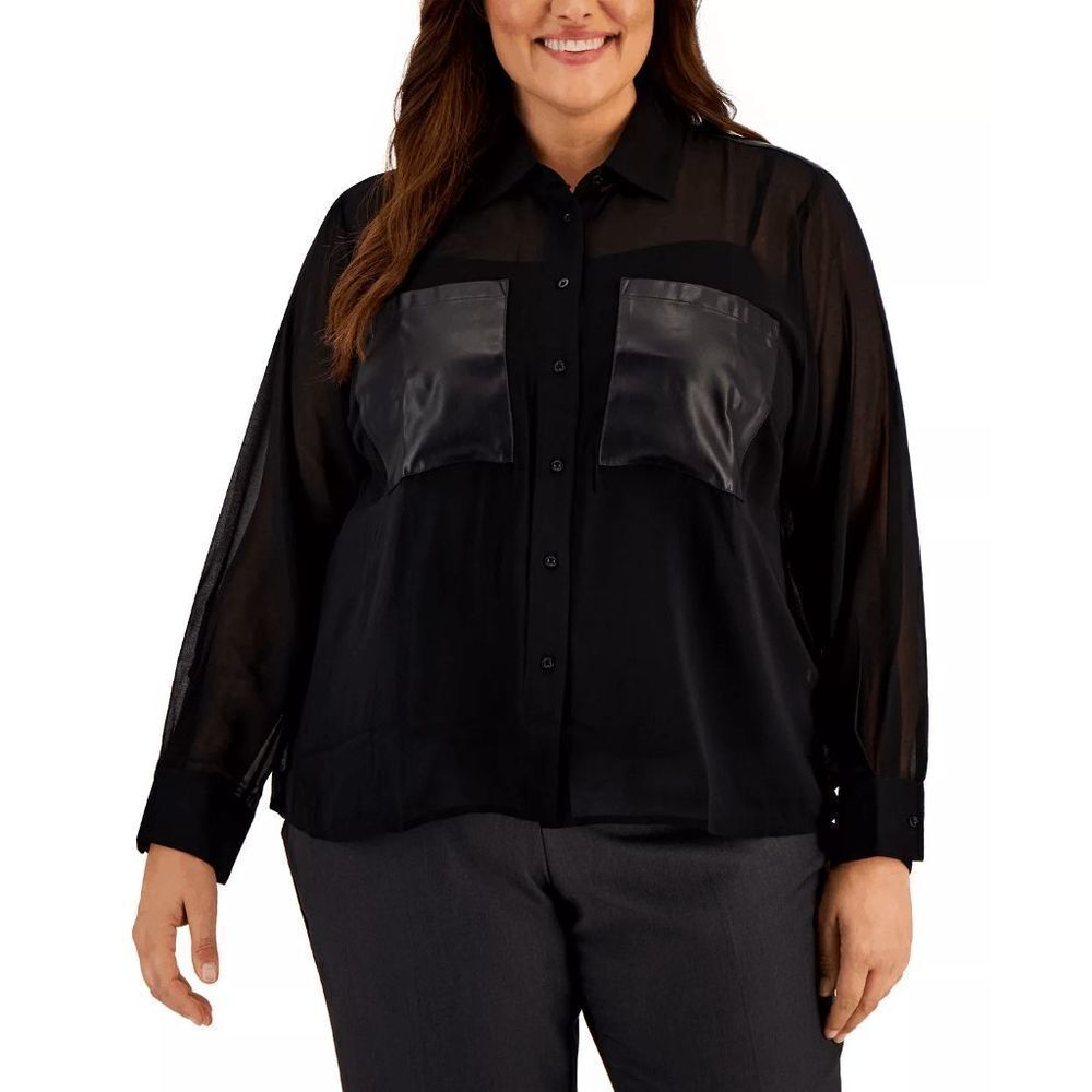Calvin Klein Womens Plus 1X Faux Leather Button Top Blouse Black Sheer NWT